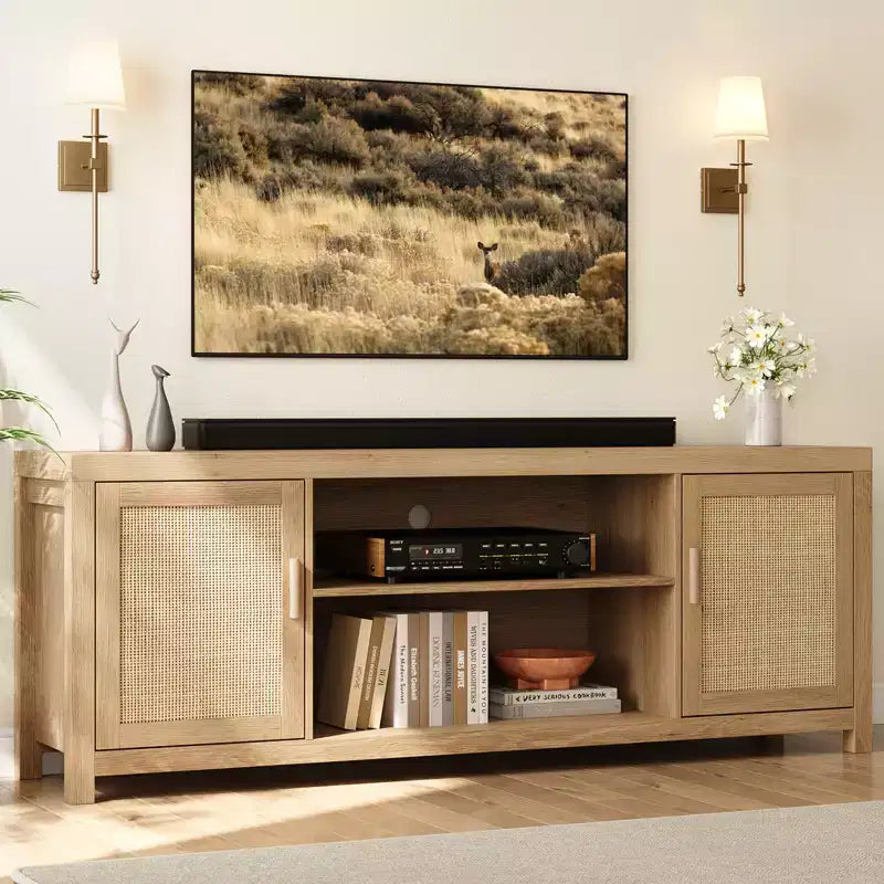 Mobile TV in rovere naturale e rattan, stile bohémien, montaggio da 2 persone, 147 cm / 168 cm