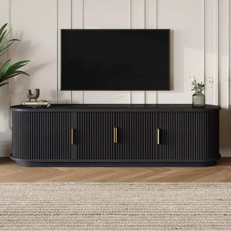 GDFStudio Roy Farmhouse Wooden TV Stand with Sliding Tambour Door and Adjustable Storage