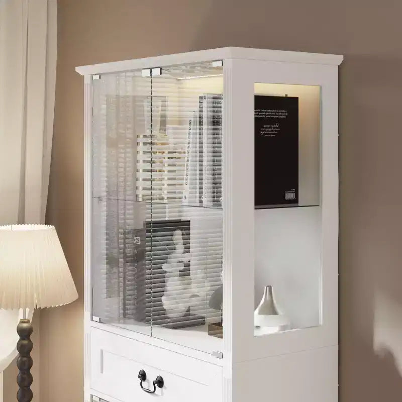 Vetrina in Vetro Nero con Illuminazione RGB, Ante e Ripiani Trasparenti, Uso Singolo