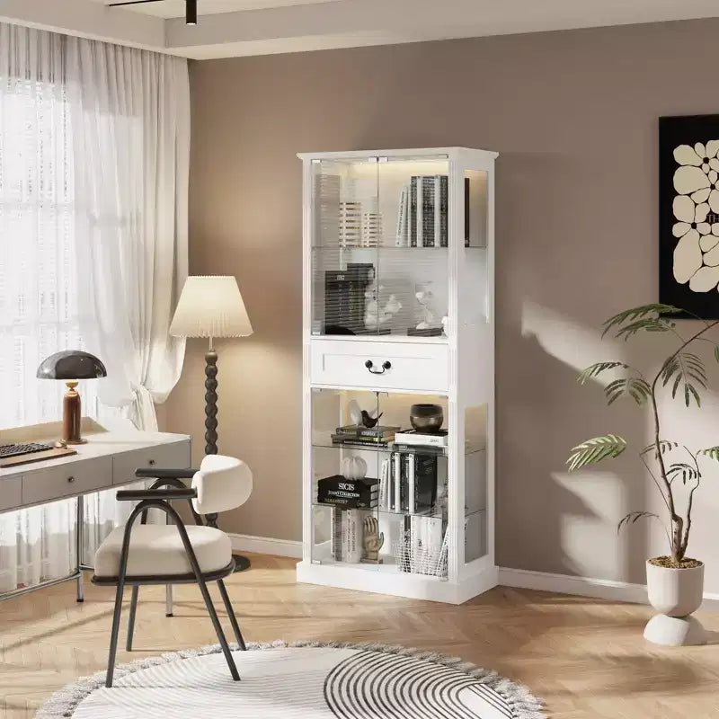 Vetrina in Vetro Nero con Illuminazione RGB, Ante e Ripiani Trasparenti, Uso Singolo