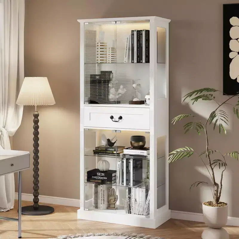 Vetrina in Vetro Nero con Illuminazione RGB, Ante e Ripiani Trasparenti, Uso Singolo