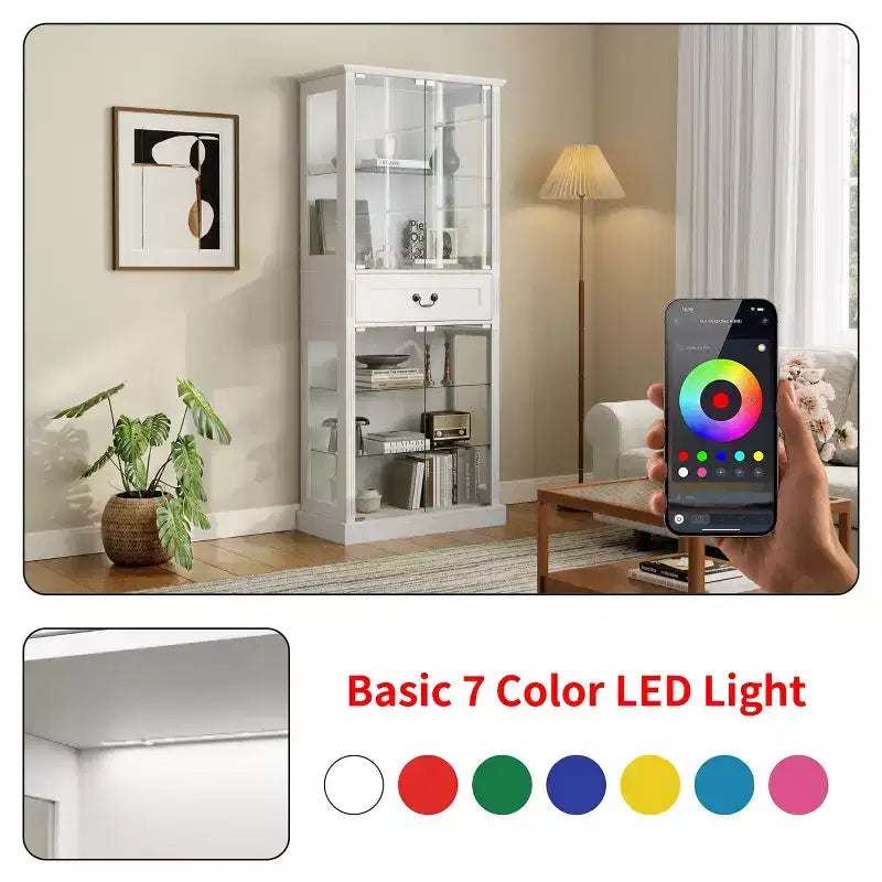 Vetrina in Vetro Nero con Illuminazione RGB, Ante e Ripiani Trasparenti, Uso Singolo