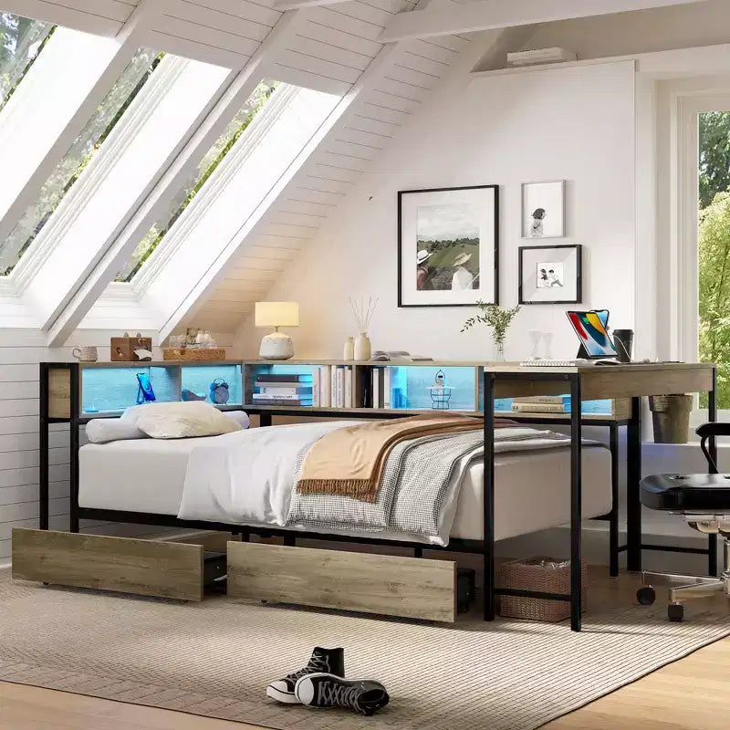 Struttura letto angolare grigia con libreria, luci LED e cassetti contenitore, per 1