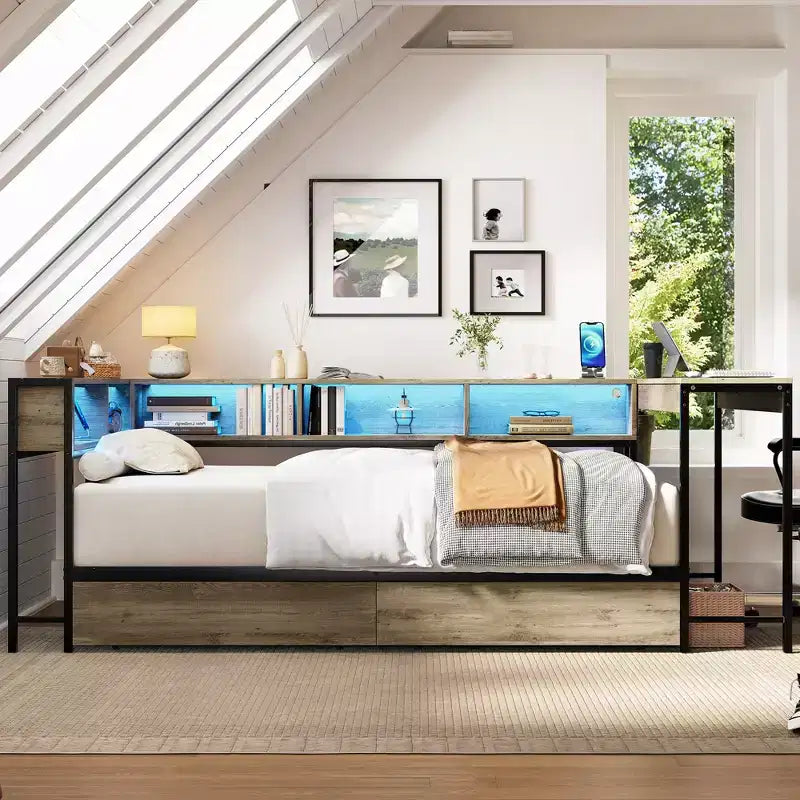 Struttura letto angolare grigia con libreria, luci LED e cassetti contenitore, per 1