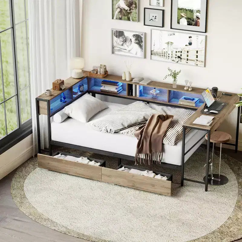 Struttura letto angolare grigia con libreria, luci LED e cassetti contenitore, per 1