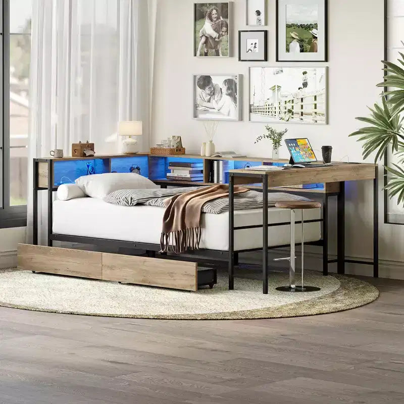 Struttura letto angolare grigia con libreria, luci LED e cassetti contenitore, per 1