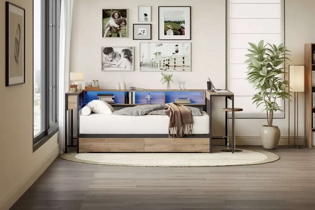 Struttura letto angolare grigia con libreria, luci LED e cassetti contenitore, per 1