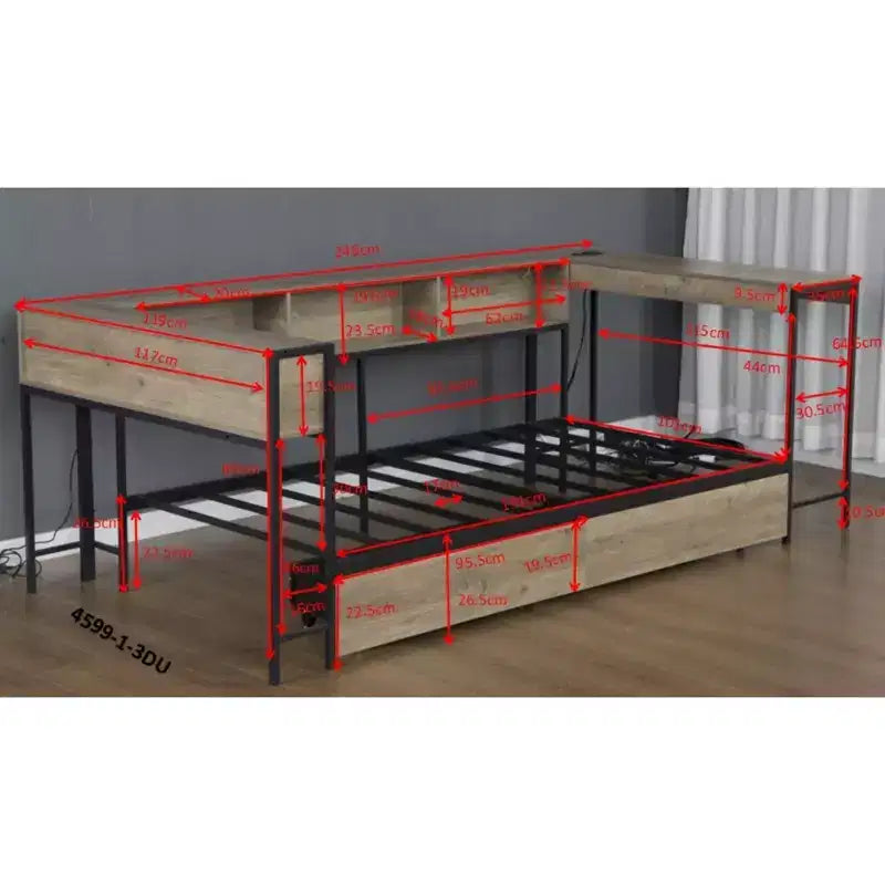 Struttura letto angolare grigia con libreria, luci LED e cassetti contenitore, per 1