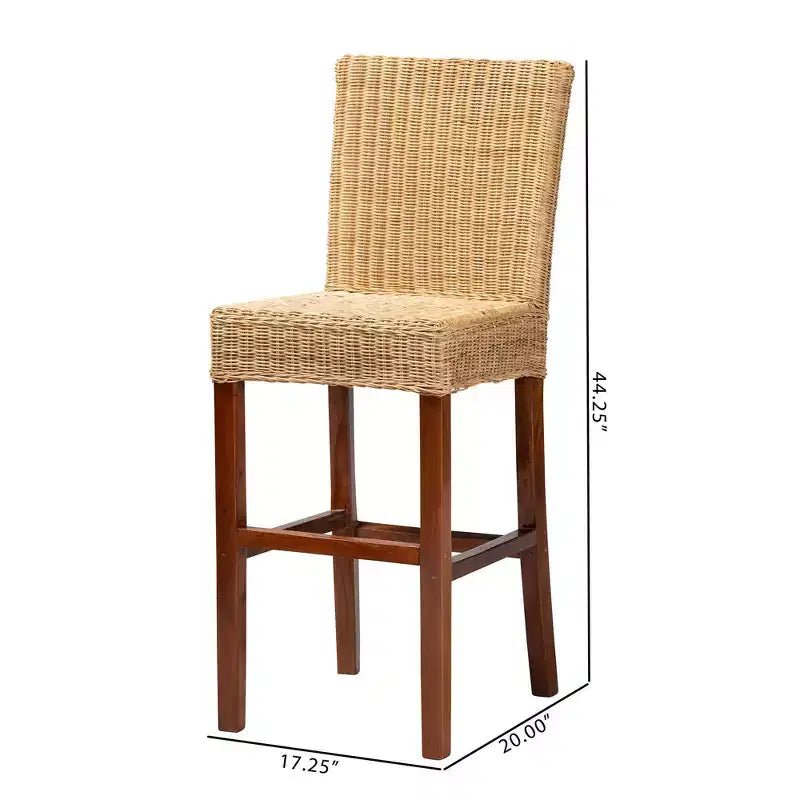 Sgabello da bar in rattan marrone naturale e legno di noce, schienale medio, senza braccioli, 1 posto