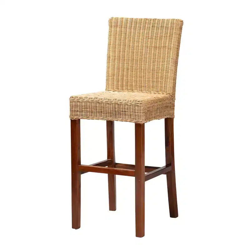 Sgabello da bar in rattan marrone naturale e legno di noce, schienale medio, senza braccioli, 1 posto