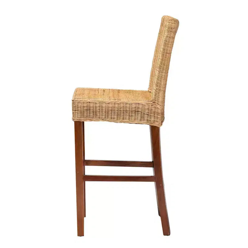 Sgabello da bar in rattan marrone naturale e legno di noce, schienale medio, senza braccioli, 1 posto