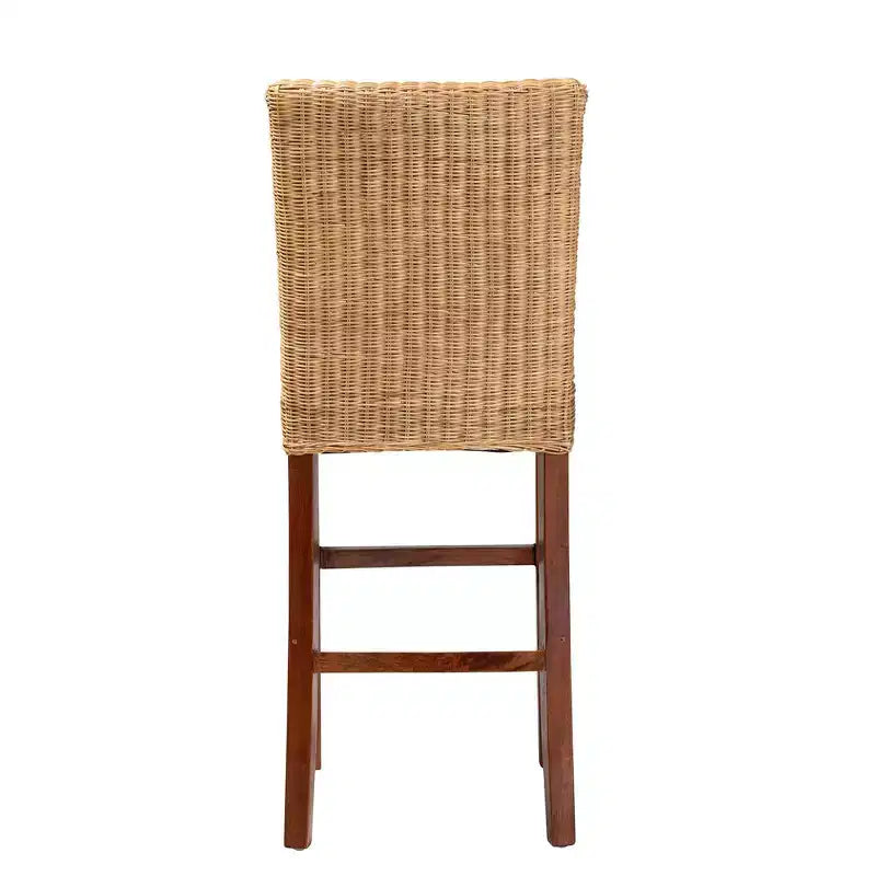 Sgabello da bar in rattan marrone naturale e legno di noce, schienale medio, senza braccioli, 1 posto