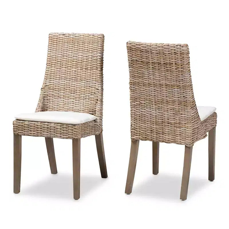 Set di 2 sedie da pranzo in rattan marrone, senza braccioli, con cuscino