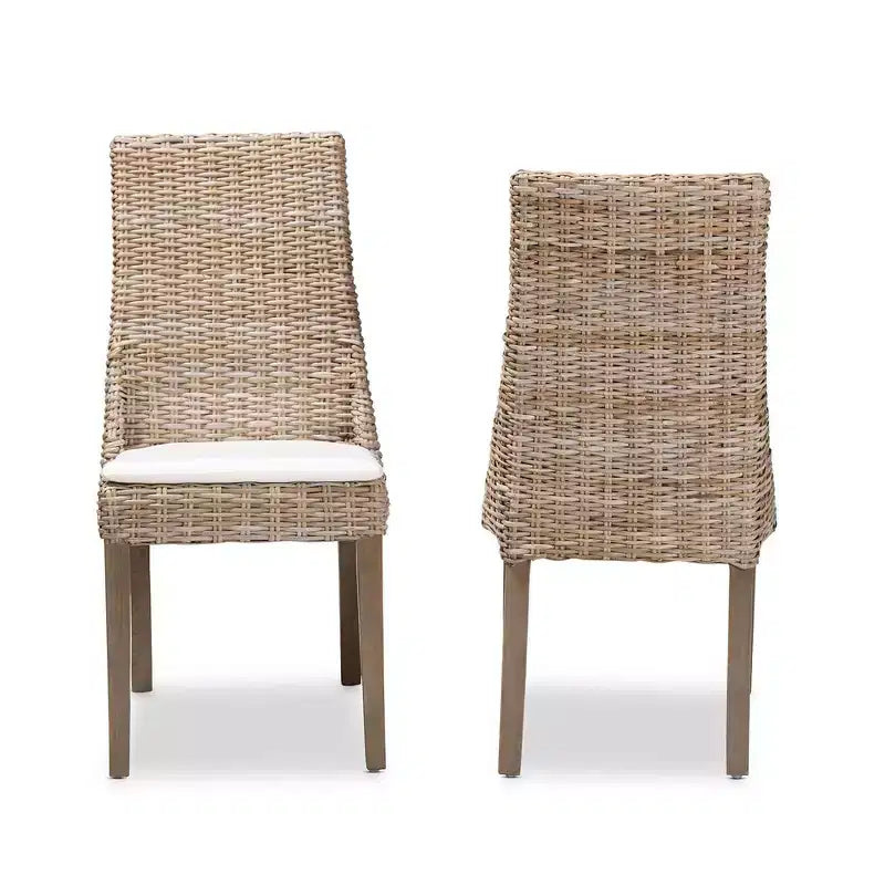 Set di 2 sedie da pranzo in rattan marrone, senza braccioli, con cuscino