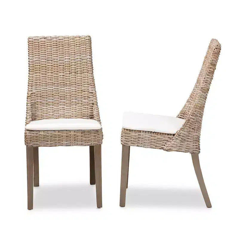 Set di 2 sedie da pranzo in rattan marrone, senza braccioli, con cuscino
