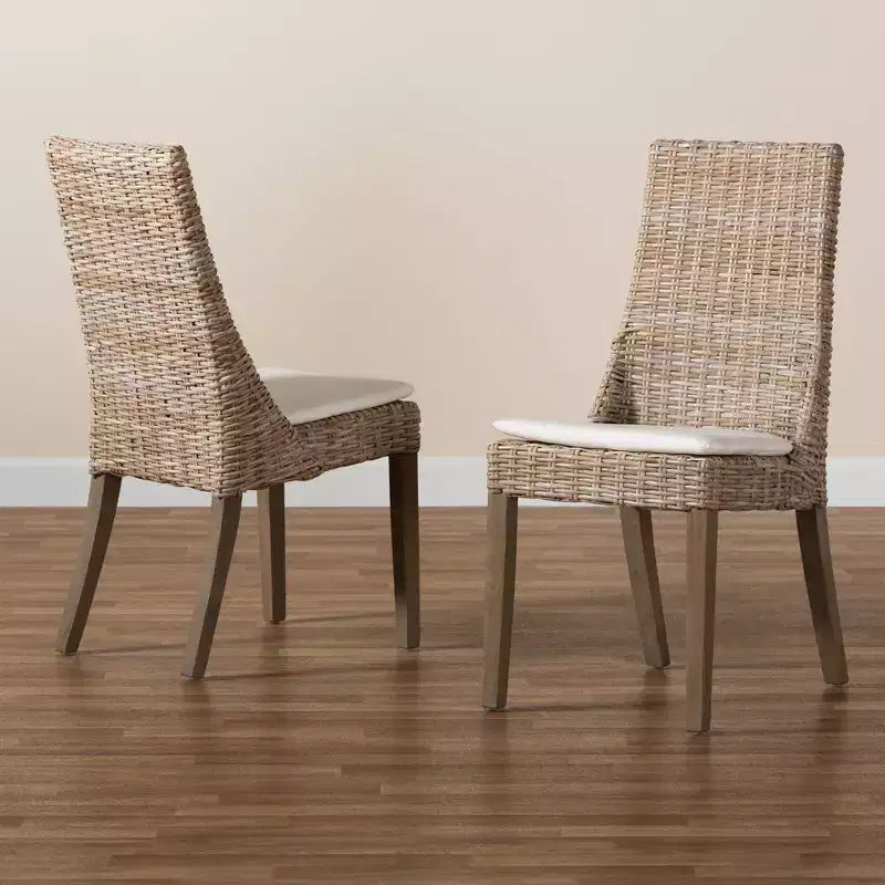 Set di 2 sedie da pranzo in rattan marrone, senza braccioli, con cuscino
