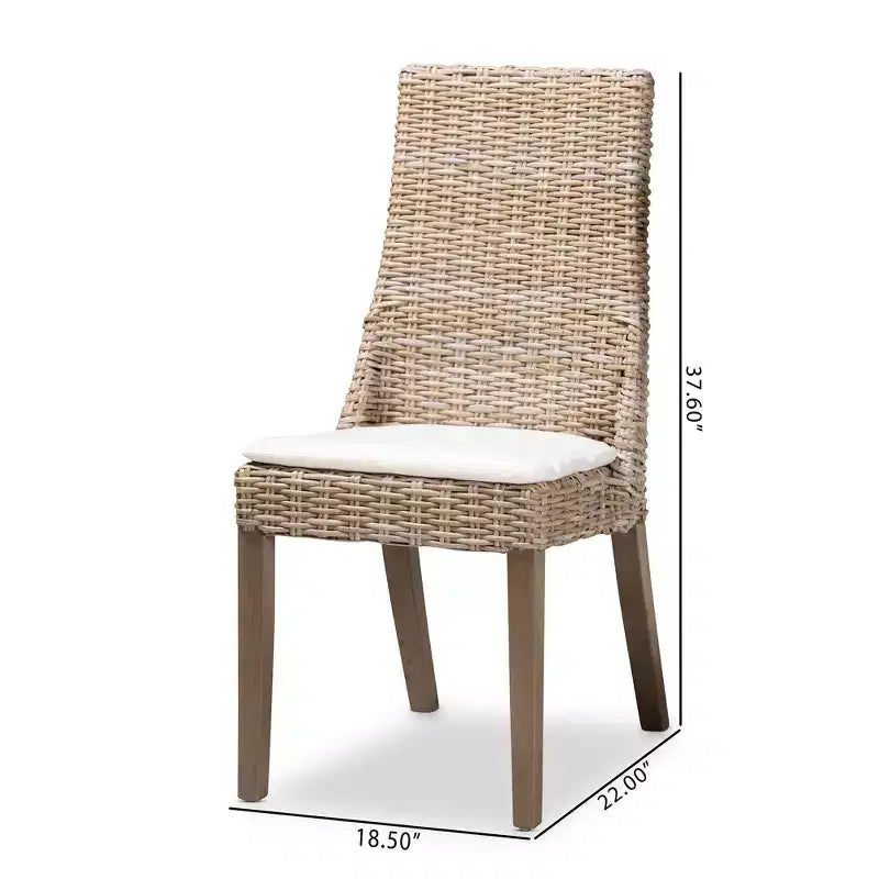 Set di 2 sedie da pranzo in rattan marrone, senza braccioli, con cuscino