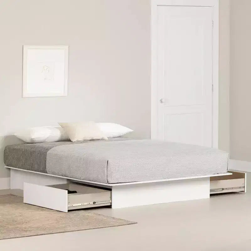 Letto Queen Size con Piattaforma e 2 Cassetti – Bianco Puro, per 1 Persona