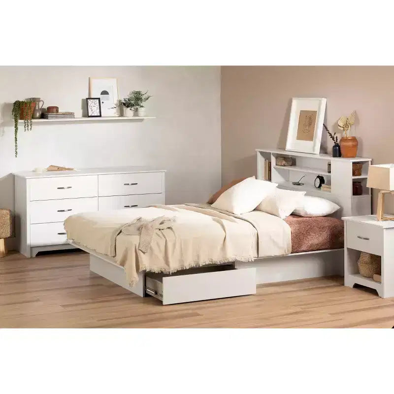 Letto Queen Size con Piattaforma e 2 Cassetti – Bianco Puro, per 1 Persona
