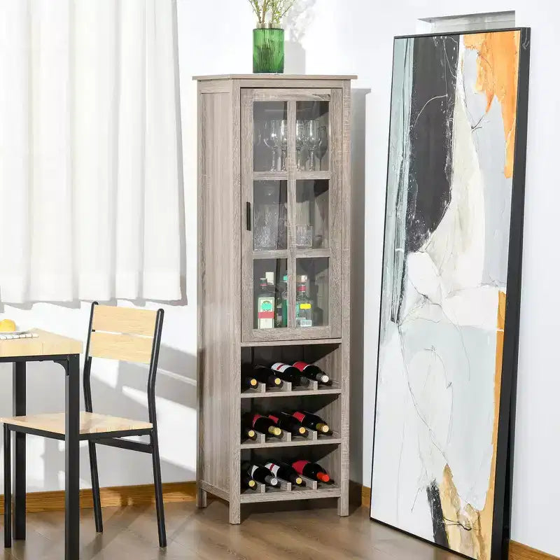 Credenza portabottiglie alta nera con anta in vetro, 12 posti e 3 ripiani, montaggio a 1 persona