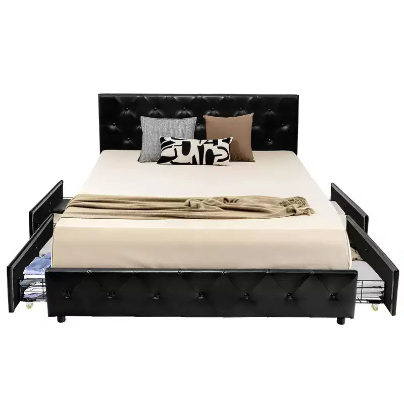Letto a piattaforma matrimoniale nero con 4 cassetti contenitore, testiera rivestita in pelle PU, 1 persona
