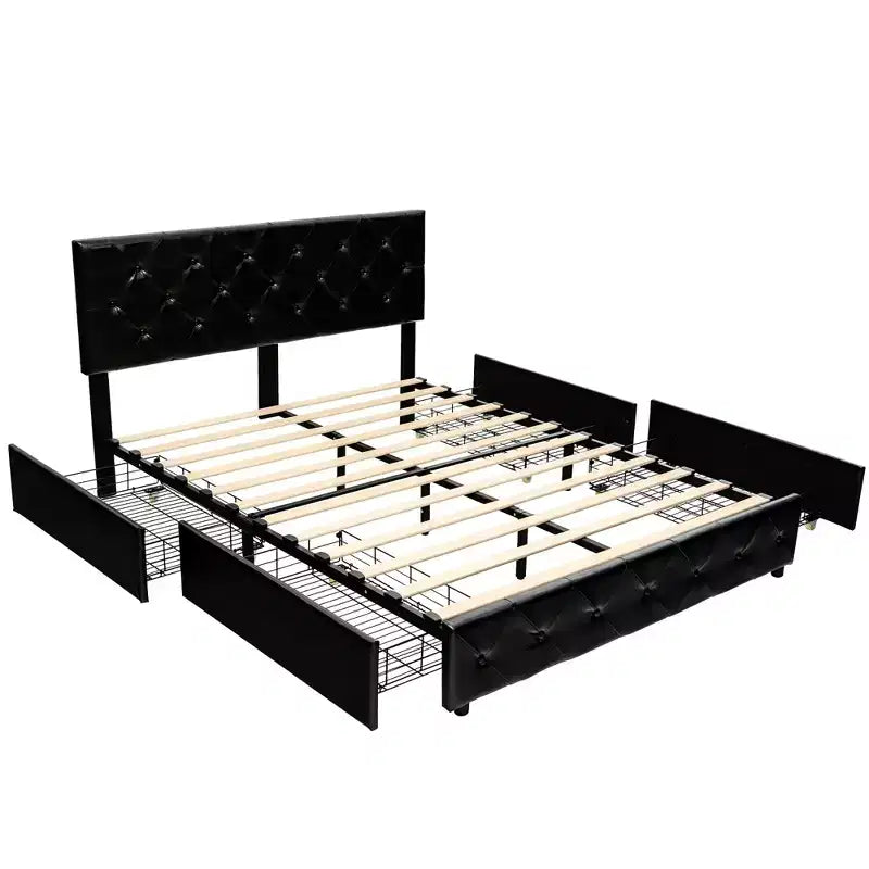 Letto a piattaforma matrimoniale nero con 4 cassetti contenitore, testiera rivestita in pelle PU, 1 persona