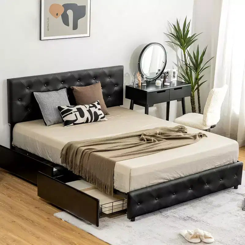 Letto a piattaforma matrimoniale nero con 4 cassetti contenitore, testiera rivestita in pelle PU, 1 persona