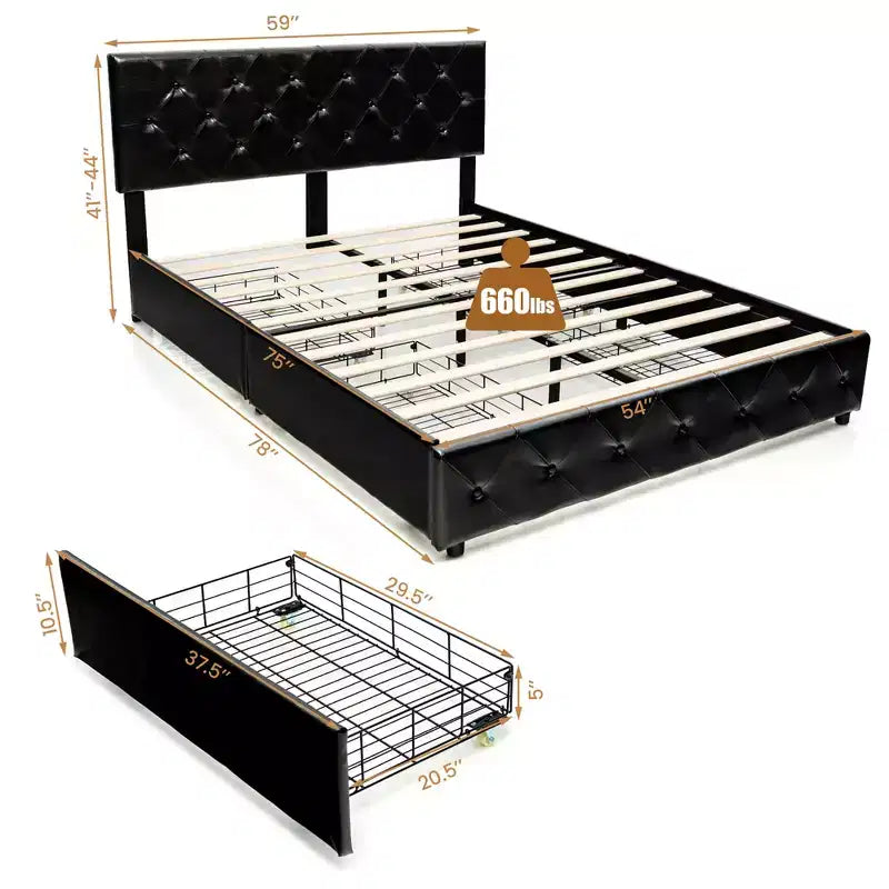 Letto a piattaforma matrimoniale nero con 4 cassetti contenitore, testiera rivestita in pelle PU, 1 persona