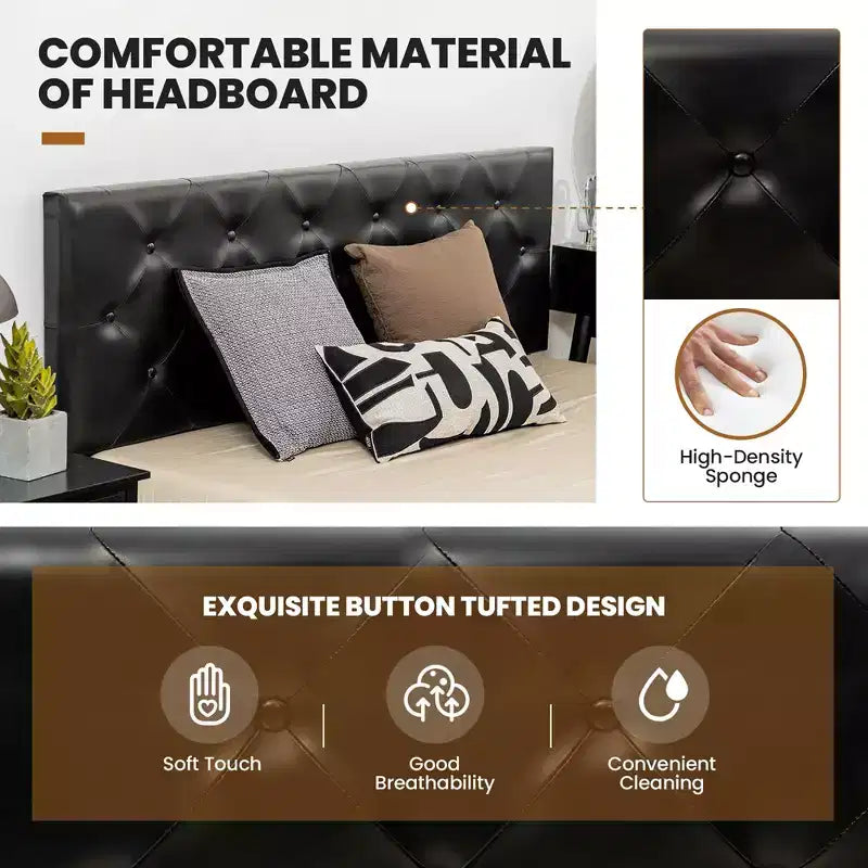 Letto a piattaforma matrimoniale nero con 4 cassetti contenitore, testiera rivestita in pelle PU, 1 persona