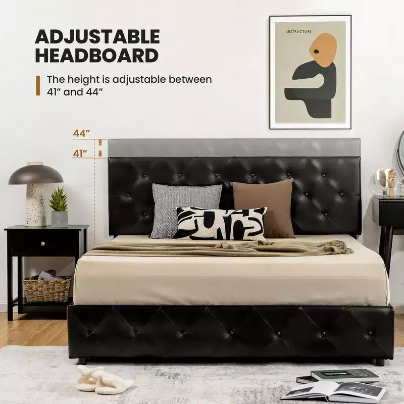 Letto a piattaforma matrimoniale nero con 4 cassetti contenitore, testiera rivestita in pelle PU, 1 persona