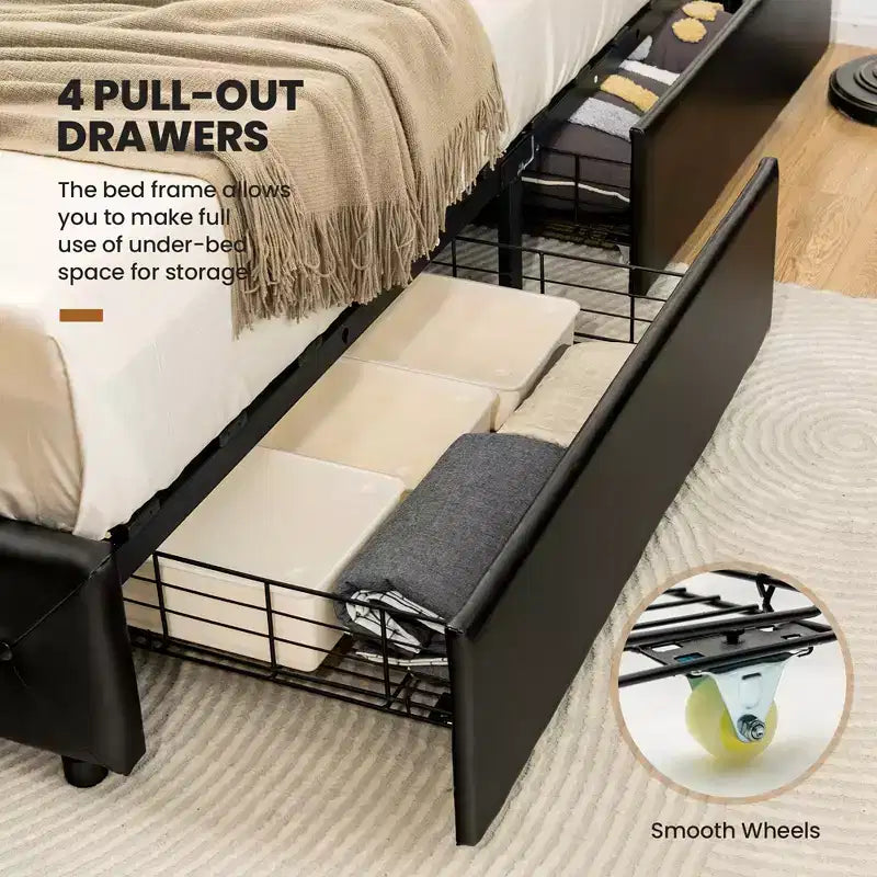 Letto a piattaforma matrimoniale nero con 4 cassetti contenitore, testiera rivestita in pelle PU, 1 persona