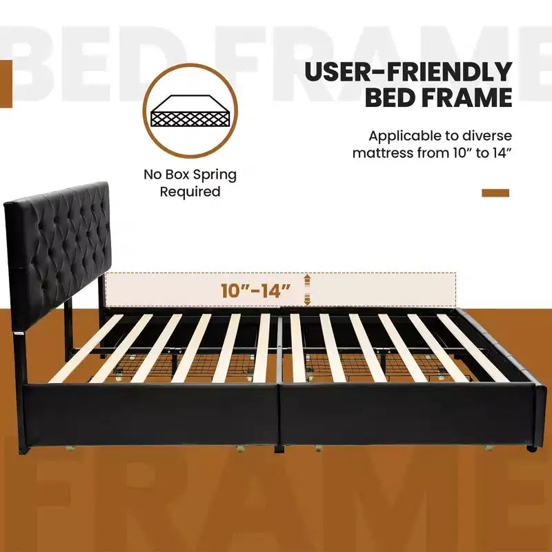 Letto a piattaforma matrimoniale nero con 4 cassetti contenitore, testiera rivestita in pelle PU, 1 persona
